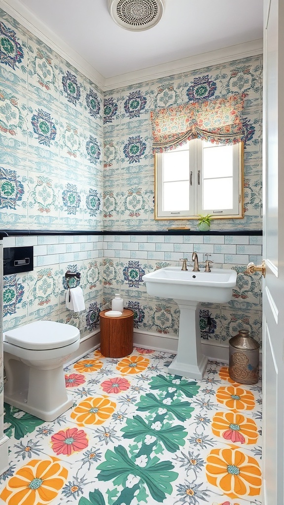 Colorful patterned vinyl flooring in a bathroom setting.