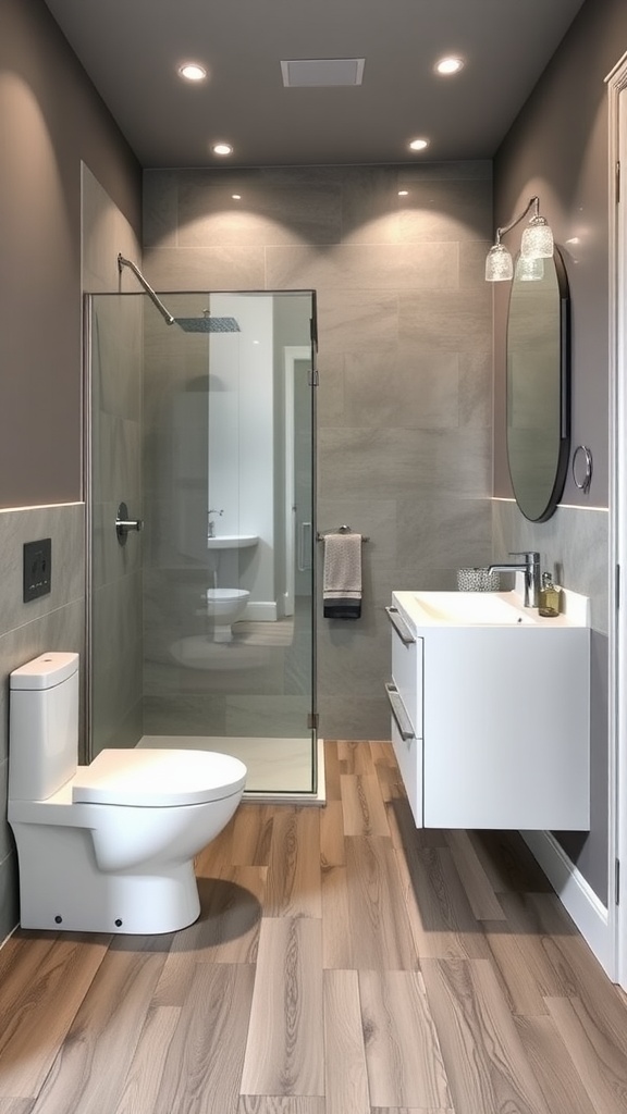A modern bathroom featuring luxury vinyl plank flooring, sleek fixtures, and a glass shower.