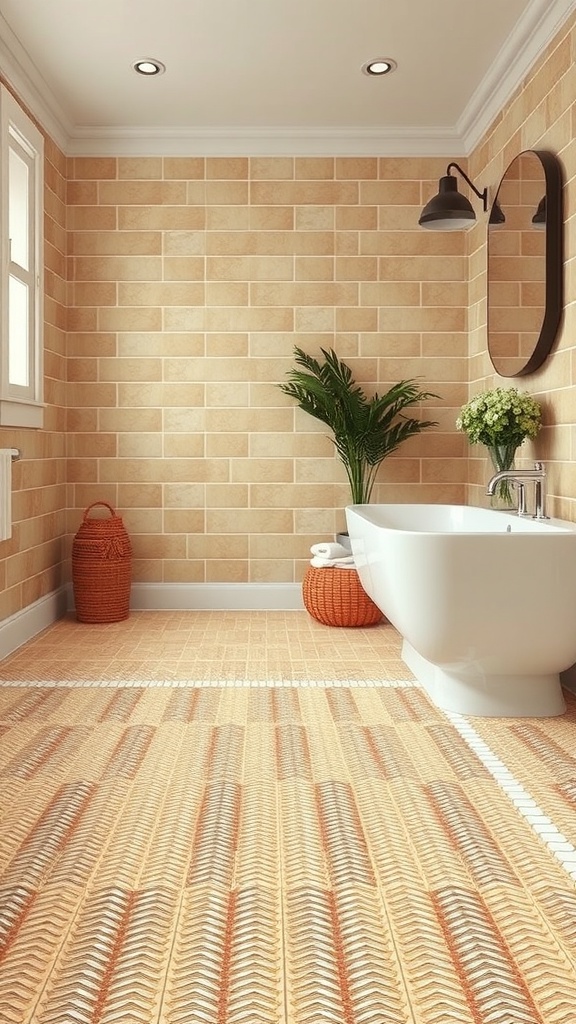 A modern bathroom featuring woven vinyl flooring with a textured design.
