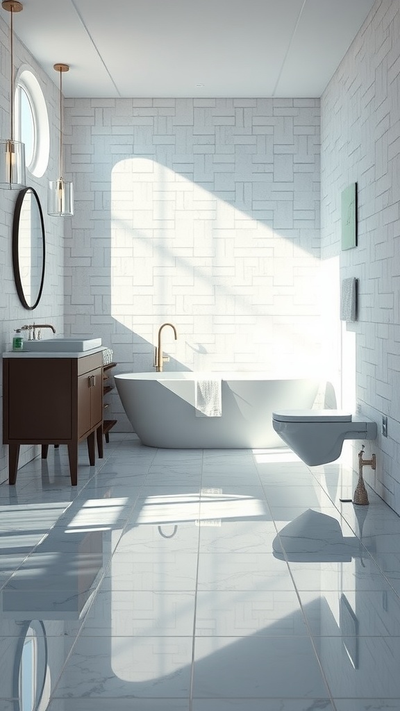 Stylish bathroom featuring glass tile flooring and modern fixtures.