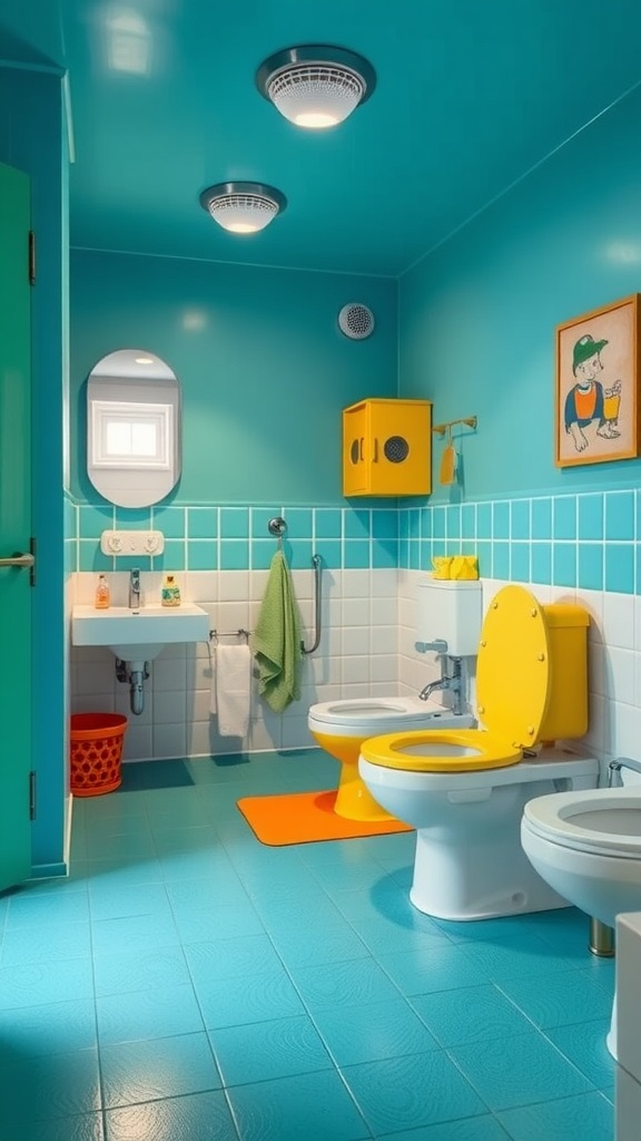 A bright and colorful bathroom featuring rubber flooring.