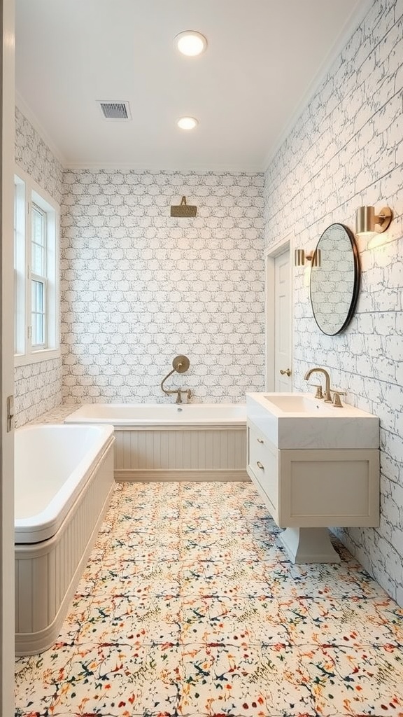 A stylish bathroom featuring terrazzo flooring with colorful speckles.