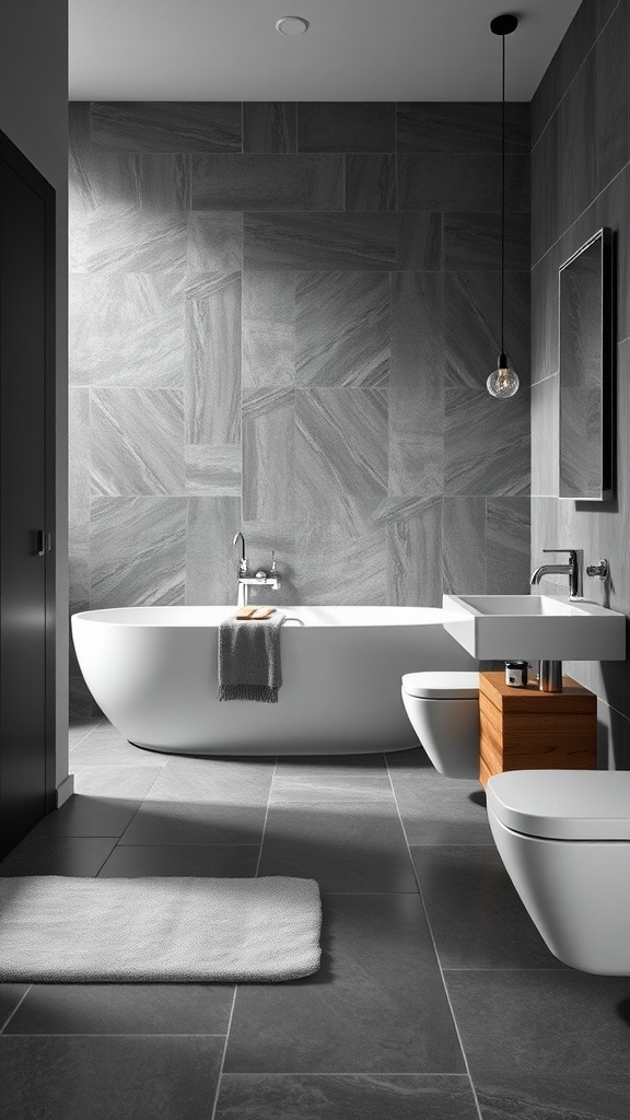 Modern bathroom with slate flooring and a freestanding bathtub