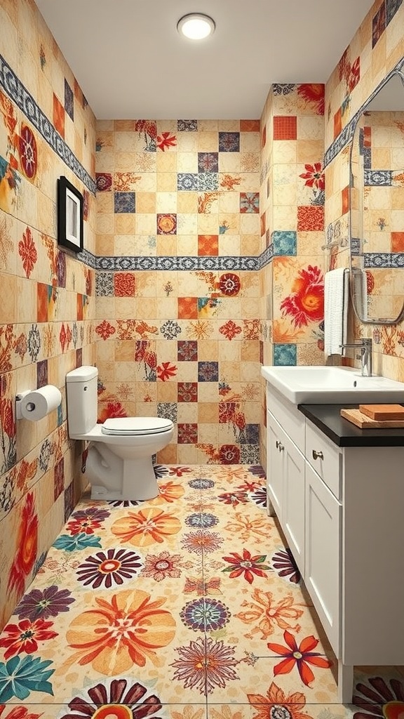 Colorful mosaic tiles in a bathroom featuring vibrant floral designs on walls and floor.