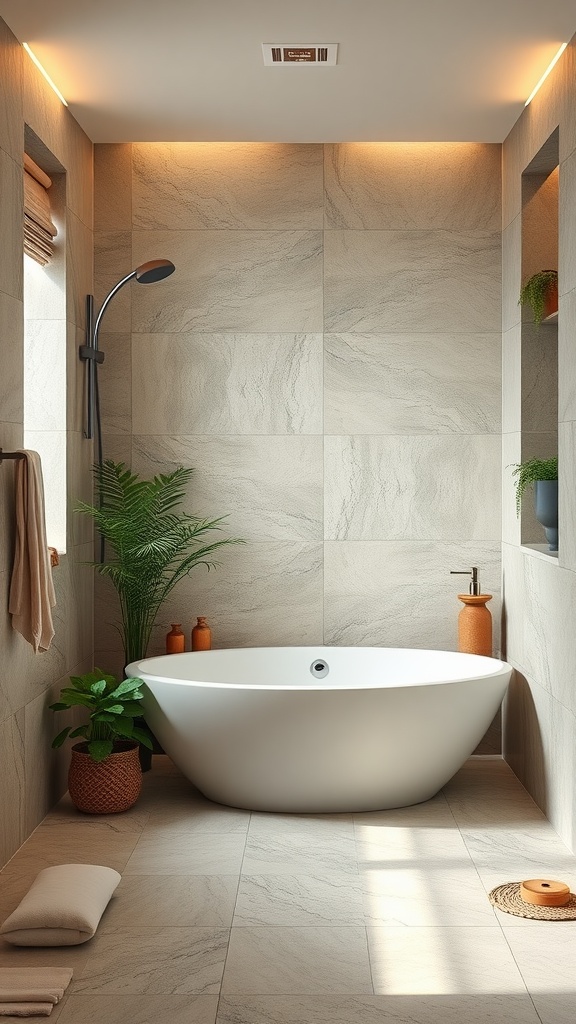 A modern bathroom featuring waterproof outdoor-style tiles, a freestanding tub, and plants for a spa-like atmosphere.