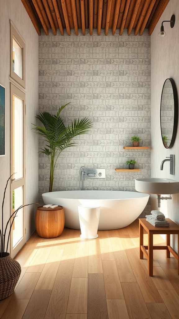 A modern bathroom featuring bamboo flooring, a freestanding tub, and a minimalist design.