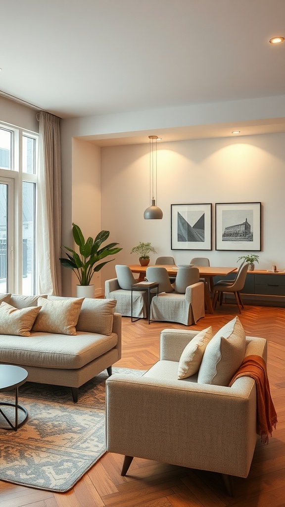 A cozy modern living room and dining room combo with soft textures and warm colors.