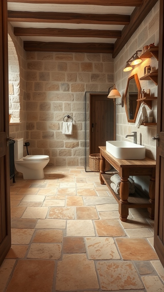 A rustic bathroom featuring natural stone flooring, wooden beams, and a simple sink.