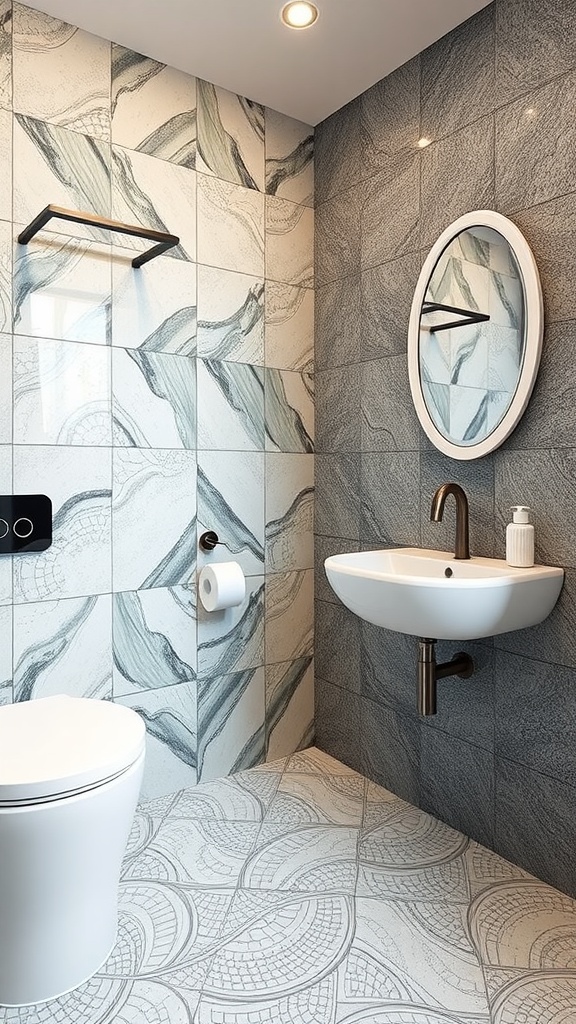 Bathroom featuring ceramic tiles with a textured finish on the walls and floor.