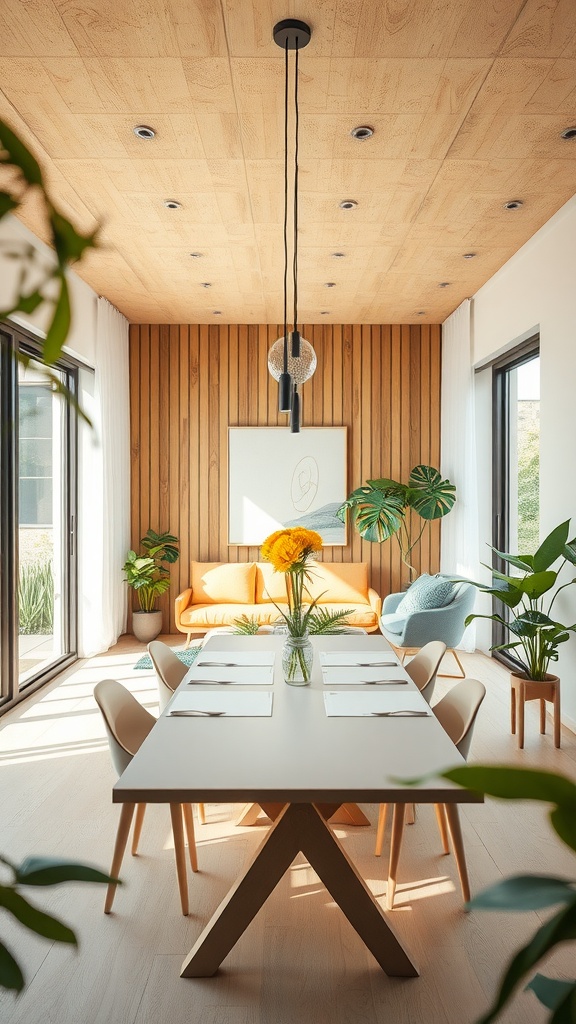 Modern living room and dining room combo with plants and sustainable furniture.