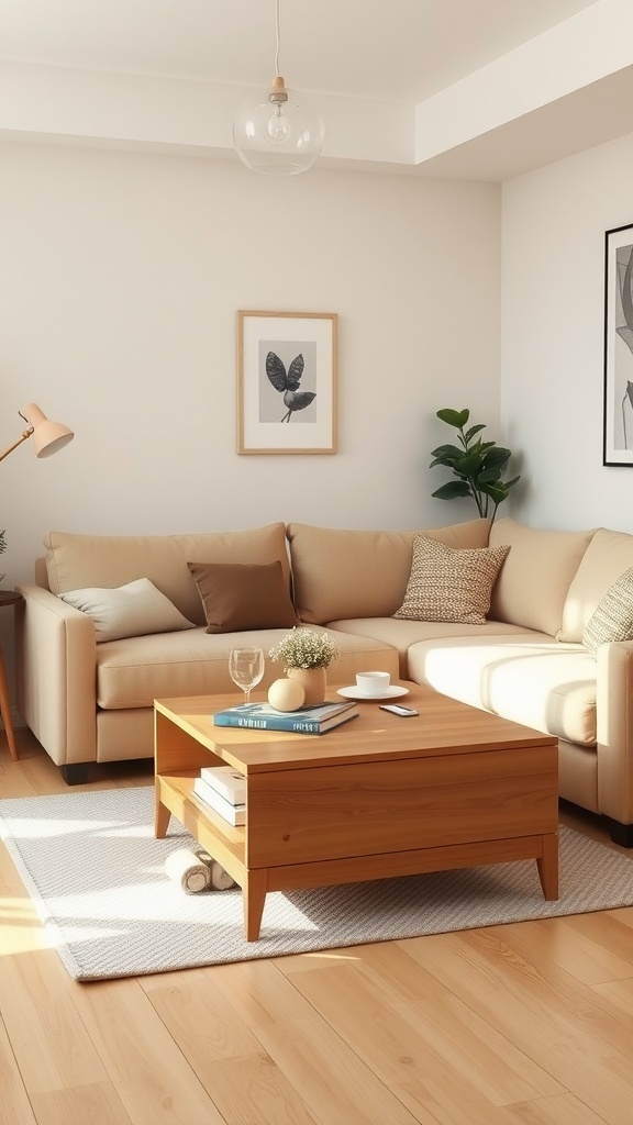 Cozy living room with a beige couch, a wooden coffee table, and indoor plants.