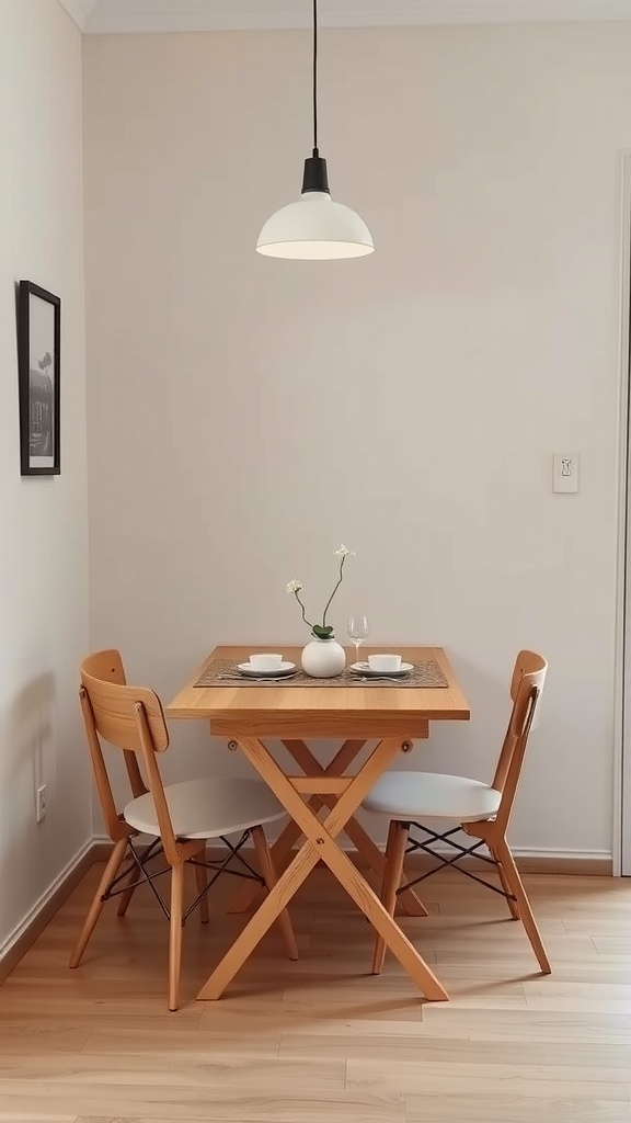 A small wooden folding table with two folding chairs in a cozy dining area.