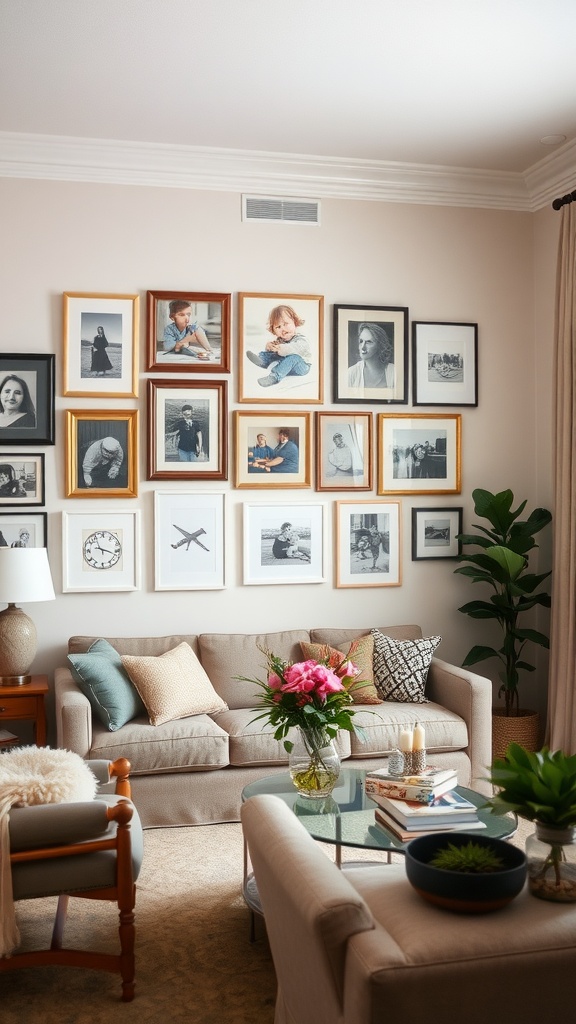 Living room with a gallery wall of framed photos and art, a cozy couch, and a glass coffee table.