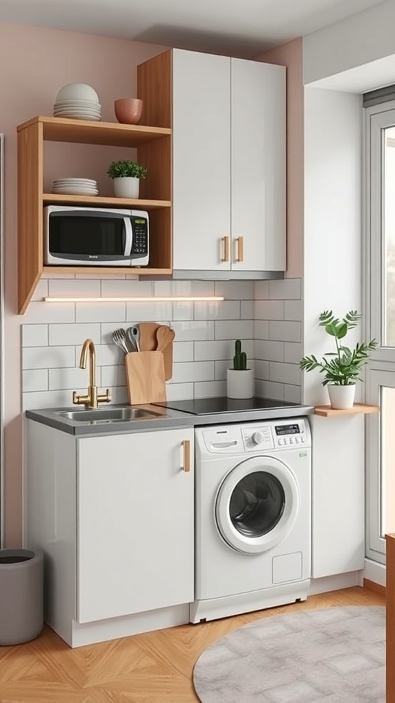 A compact kitchen featuring a washing machine, modern cabinets, and plants.