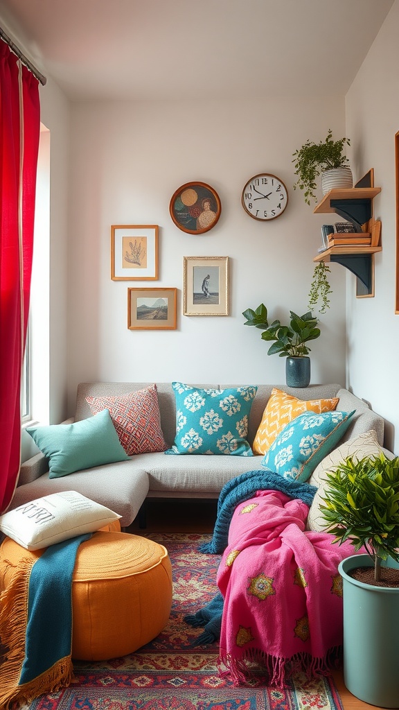 A cozy small living room with colorful pillows, blankets, and decor.