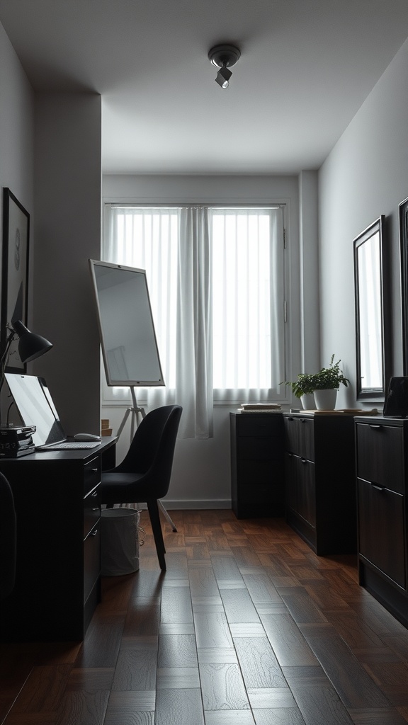 A small, well-decorated apartment with a mirror, desk, and natural light.