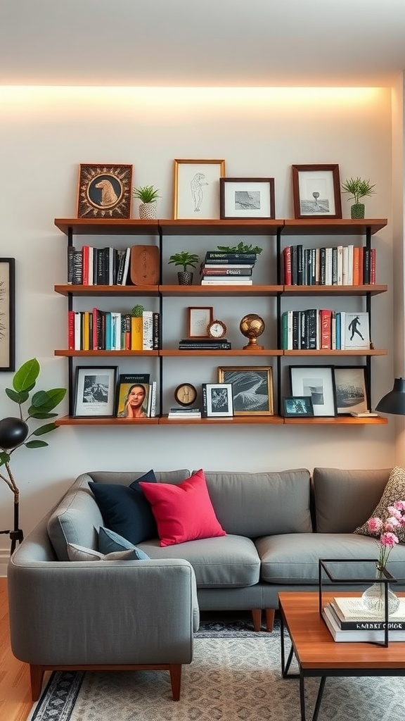 A stylish shelf display with books, plants, and framed pictures above a cozy gray sofa.
