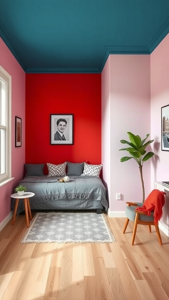 A small apartment with a bold accent wall featuring red, teal, and pink colors.