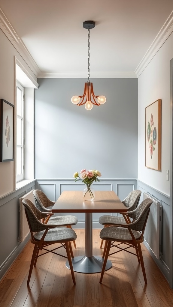 A stylish dining area with a modern lighting fixture and a round table surrounded by chairs.