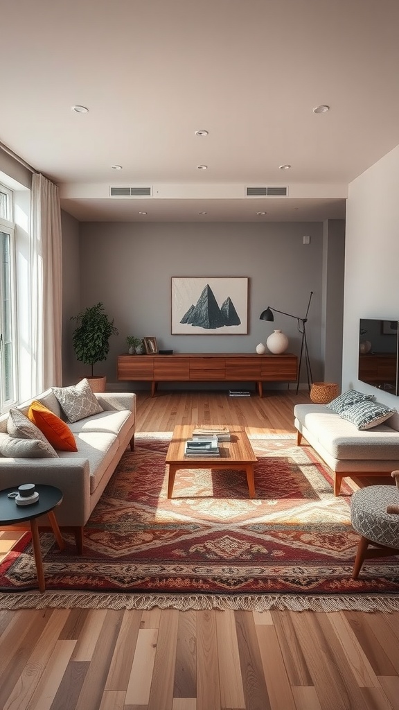 A cozy living room featuring a large area rug, two sofas, a coffee table, and a modern decor.