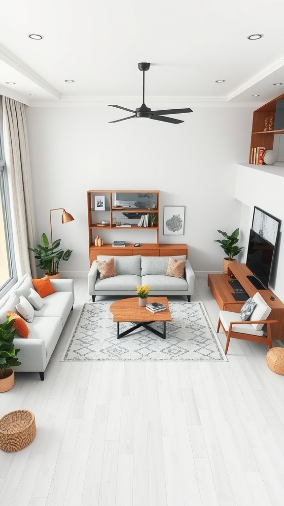 A modern living room dining room combo featuring a cozy sofa, a coffee table, and a stylish dining area.