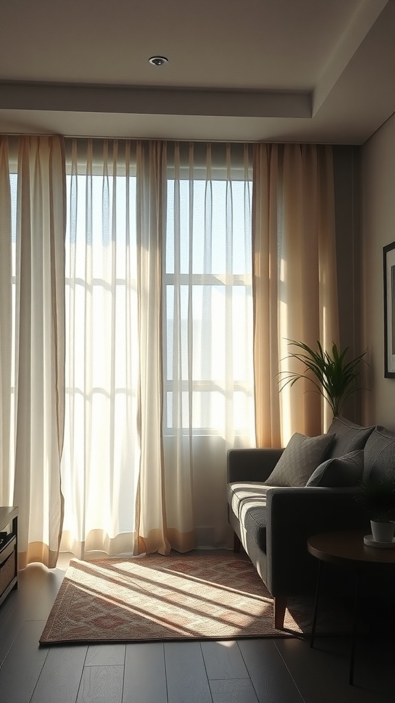 A cozy living room with sheer curtains allowing natural light to flow in, a sofa, and a small rug.