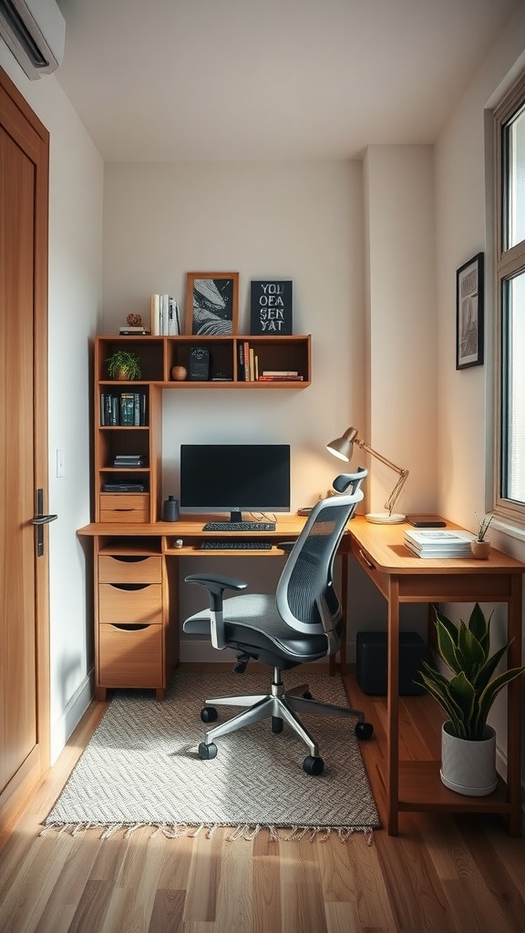 A stylish and functional small home office setup with wooden furniture, a computer, and plants.