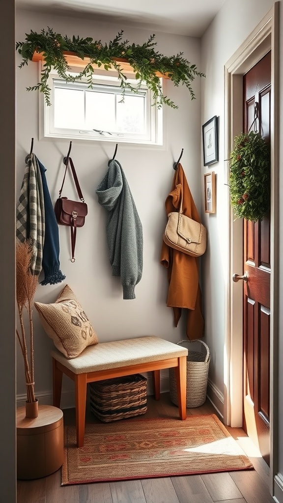 Welcoming entryway with hooks for coats, a bench, and decorative greenery.