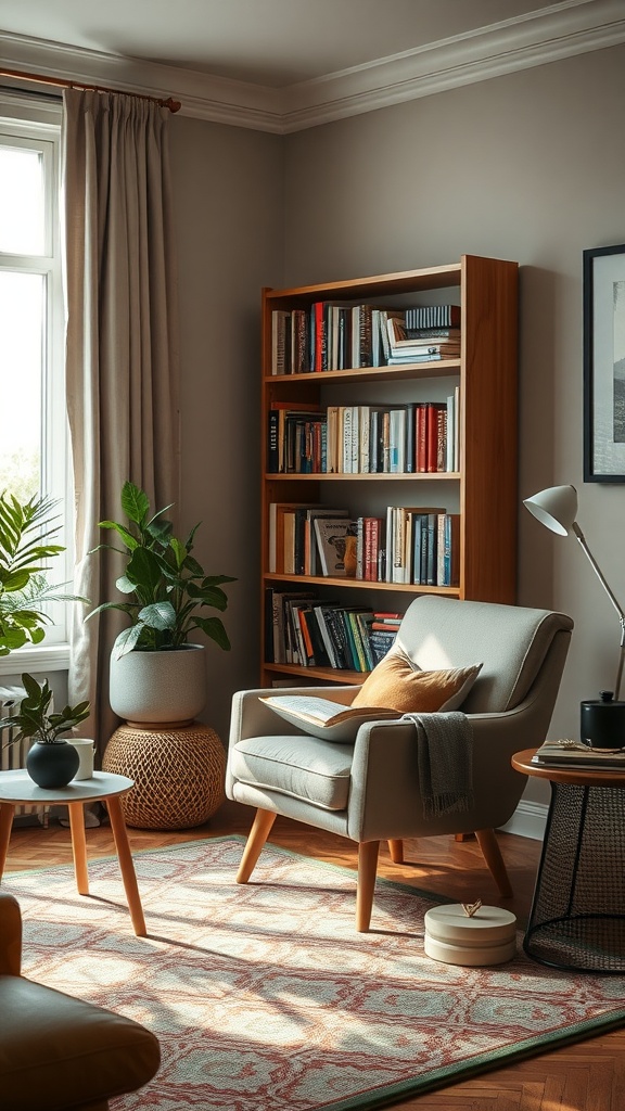 Cozy reading nook with a chair, bookshelf, plants, and soft lighting
