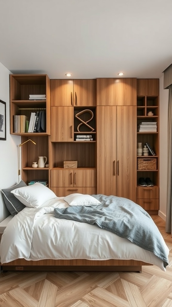 A cozy bedroom with wooden storage solutions integrated into the design for efficient space utilization.