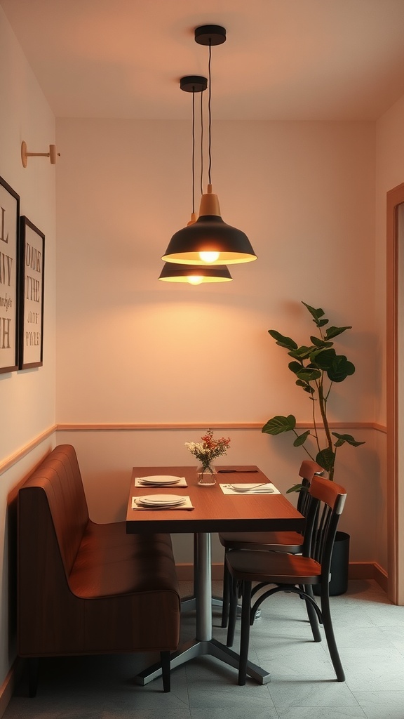 A small dining area with a cozy atmosphere, featuring pendant lights, a table, and a plant.