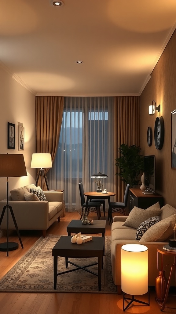Cozy small living room dining room combo with layered lighting