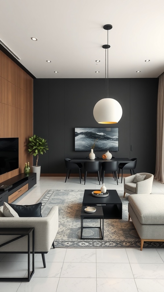 Modern living room dining room combo with sleek decor and integrated technology.