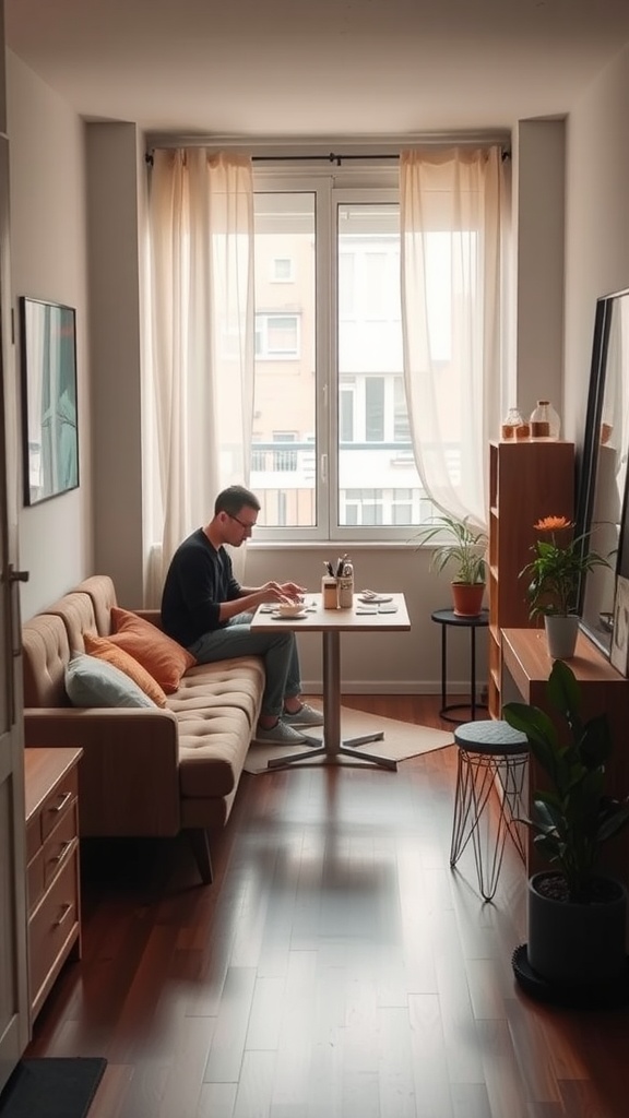 A person sitting at a small dining table in a cozy living room, working on a meal with a comfortable couch nearby.