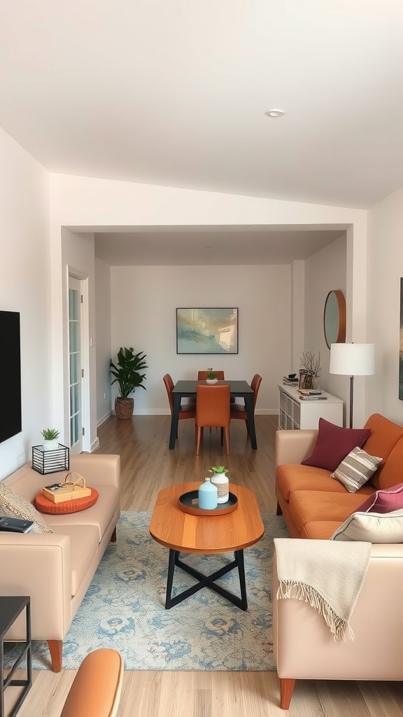 Small living room with dining area, featuring orange and neutral furniture and an open layout.