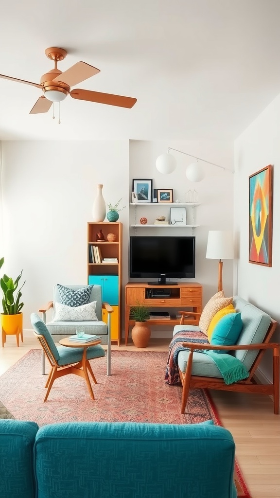 Cozy small living room and dining room combo with colorful accents.