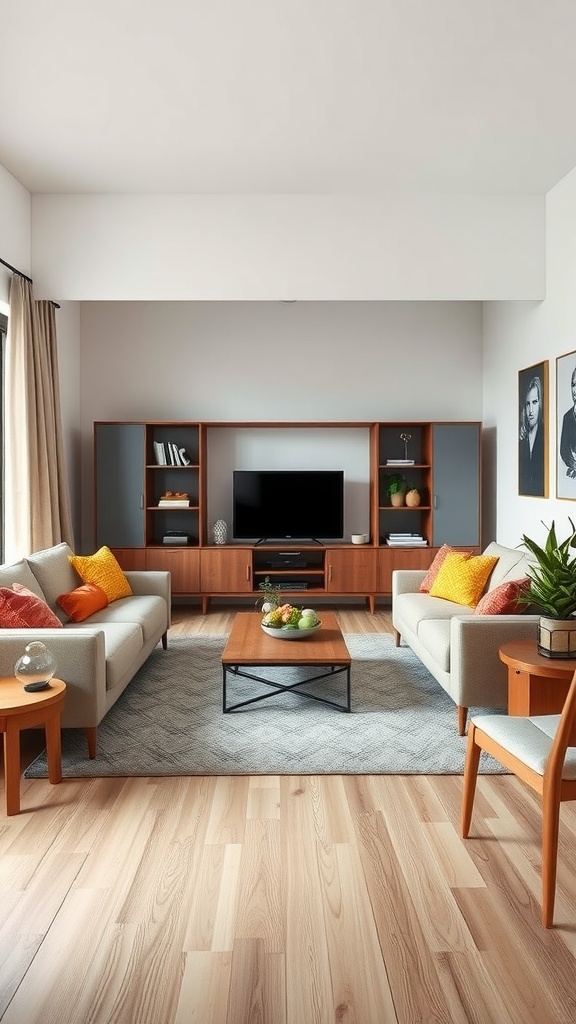 A cozy small living room and dining area with modular furniture, showcasing a modern design.