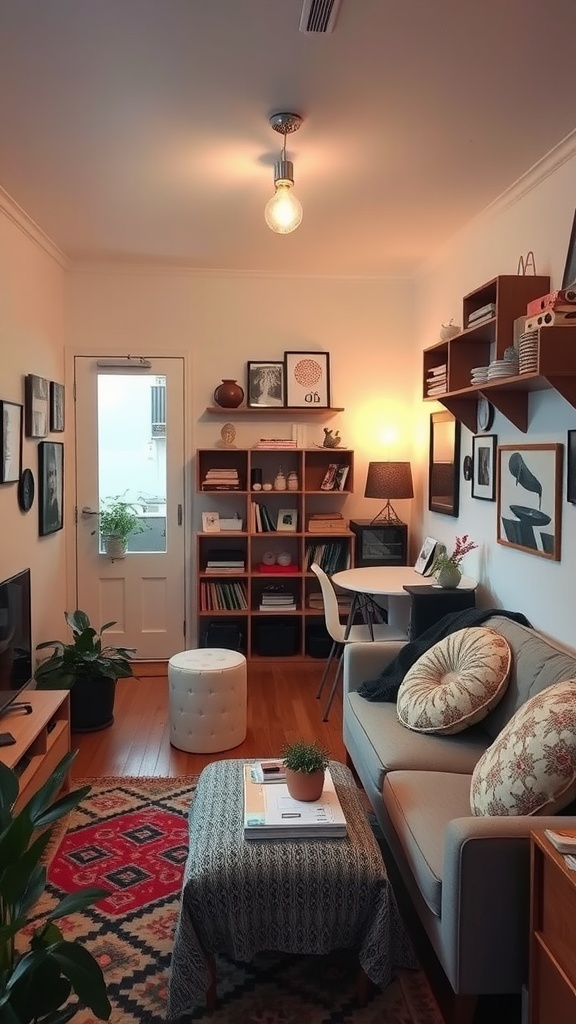 Cozy small living room and dining room combo with unique decor.