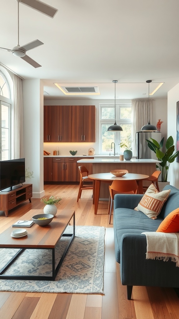 An open-concept living room and dining room combination with modern decor.