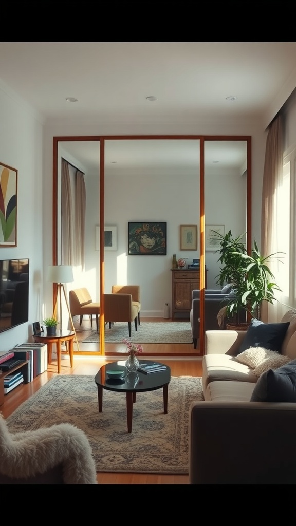 A stylish small living room with a mirror enhancing light and space.