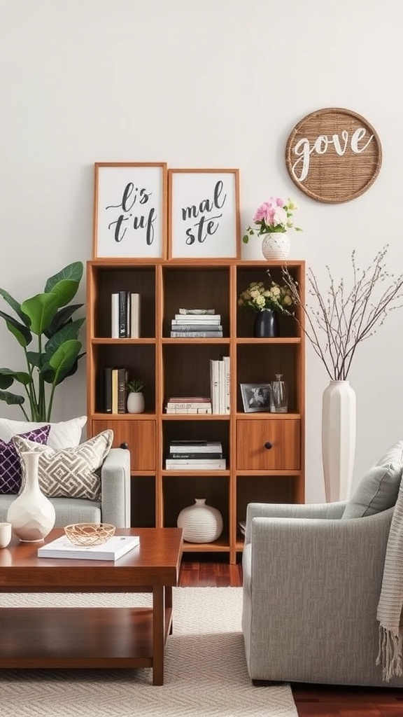 A stylish living room with a bookshelf and comfortable seating, showcasing functional decor in a small space.