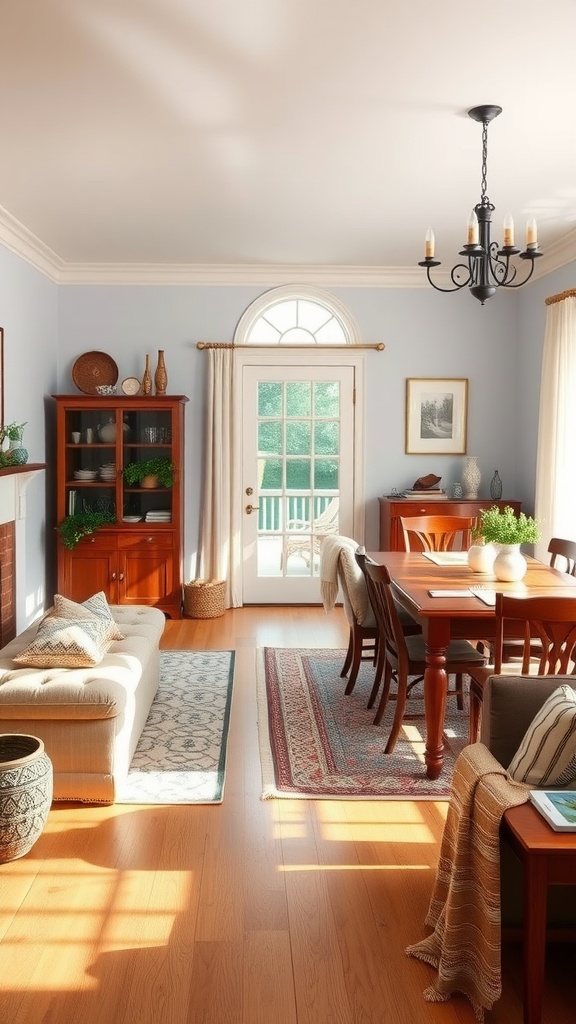 A cozy living room and dining room combo featuring warm wooden furniture and natural light.