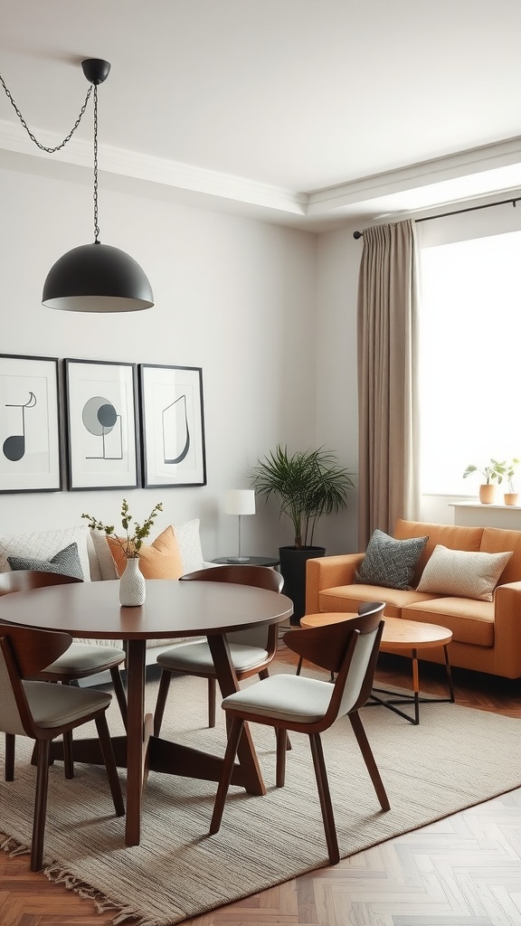 A cozy minimalistic living room and dining area with a round table, simple chairs, and a bright orange sofa.