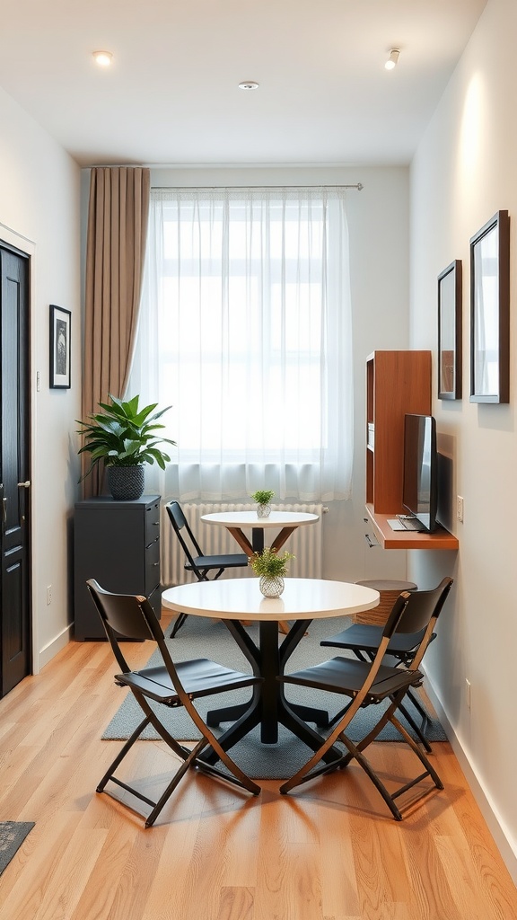 A small living room dining area featuring a foldable table and chairs, bright windows, and minimal decor.