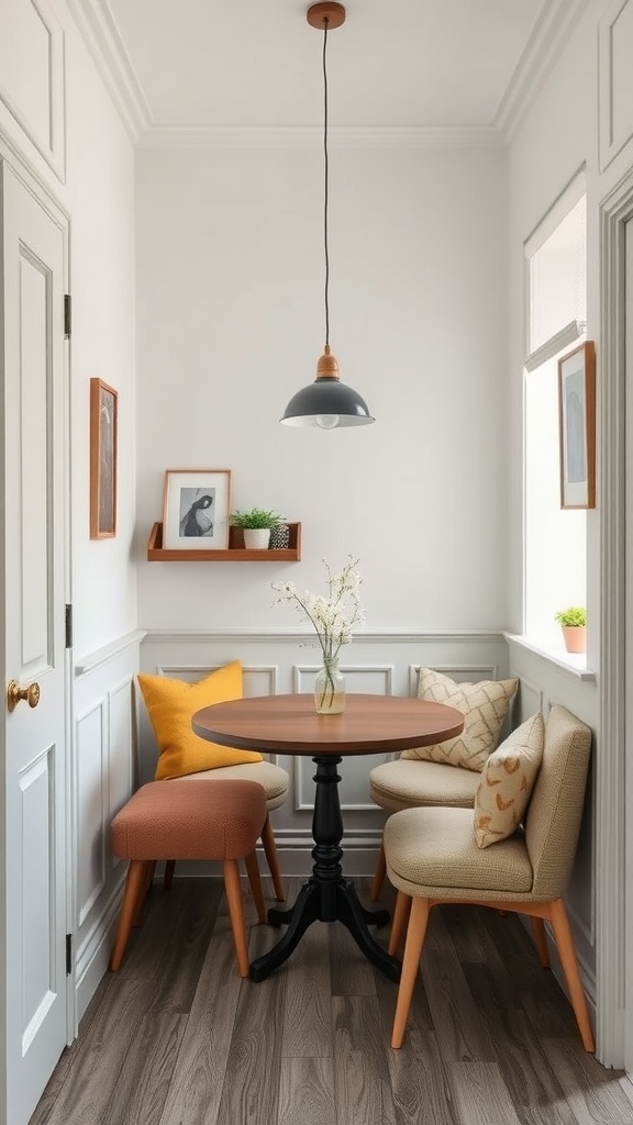 A small, inviting dining area with a round table and comfy seating, decorated with plants and wall art.