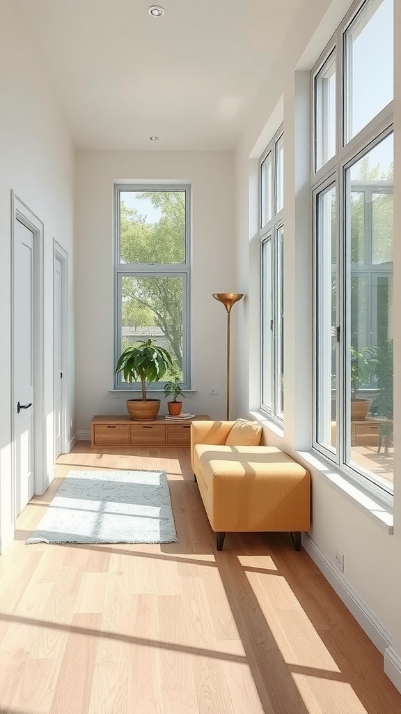 A bright and airy small living room with large windows, a yellow couch, and plants.