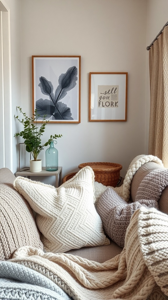 A cozy living space featuring knitted pillows, a throw blanket, and decorative plants.