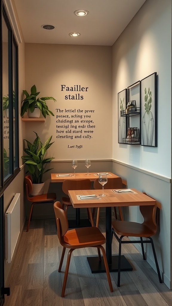 Small dining area with wall-mounted shelves and plants, featuring wooden tables and chairs.