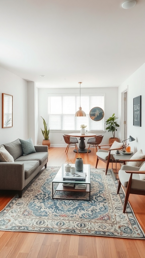 Cozy small apartment interior with a living room and dining room combo featuring an area rug.