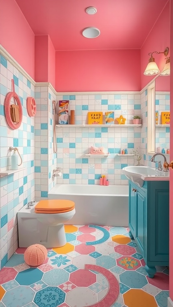 A modern bathroom showcasing bright and bold colored floor tiles in pink, blue, and orange.